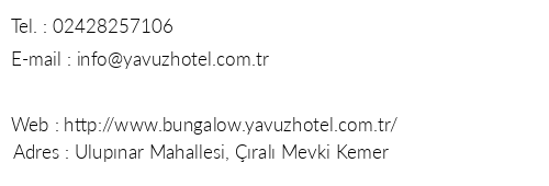 Hotel Yavuz Bungalow telefon numaralar, faks, e-mail, posta adresi ve iletiim bilgileri